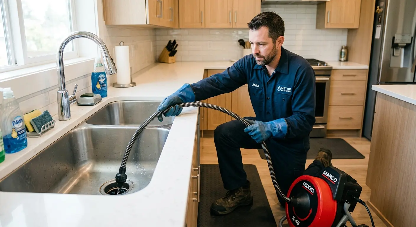 Drain cleaning technician using a motorized snake on a kitchen sink in Fort Myers Beach