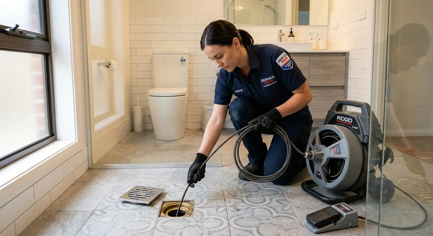 Technician clearing a bathroom floor drain for Drain Cleaning in Fort Myers Beach